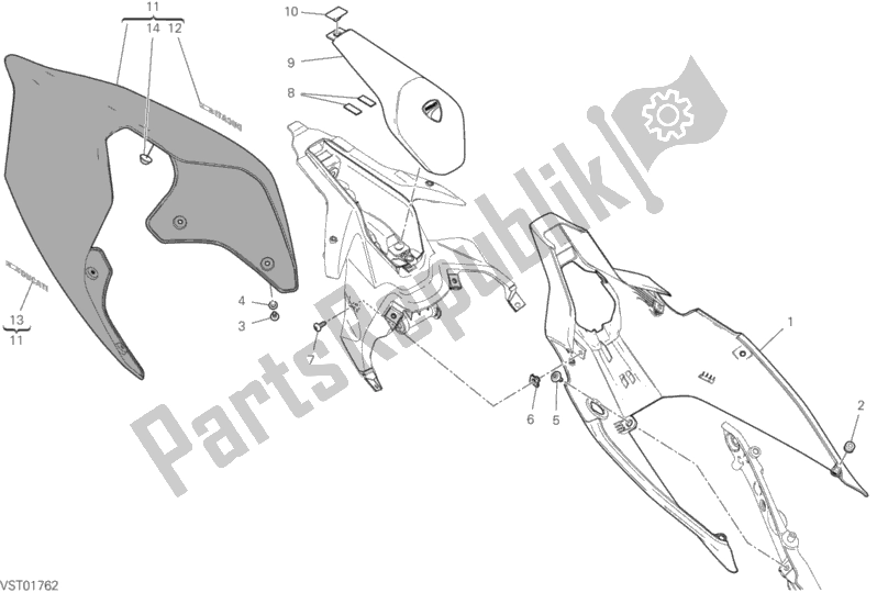 All parts for the Rear Fairing of the Ducati Superbike Panigale V4 S USA 1100 2019